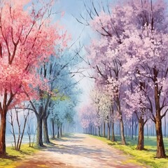 Fototapeta premium landscape with sakura trees and water