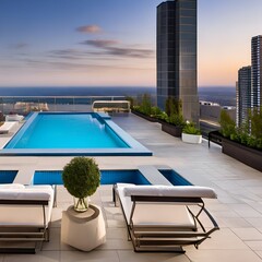 A contemporary rooftop terrace with a pool, lounge chairs, and panoramic city views3