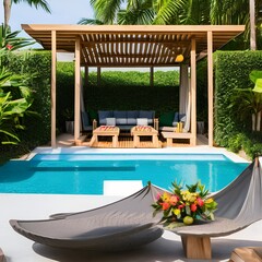 A tropical paradise outdoor lounge with a poolside cabana, lush greenery, and hanging hammocks3