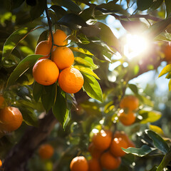 Orange tree with orange fruit hanging on the orange tree The background is an orange garden.