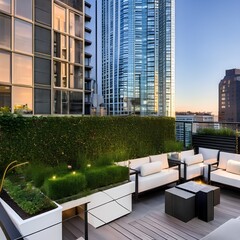 A contemporary rooftop garden with modern seating, lush greenery, and breathtaking city views3