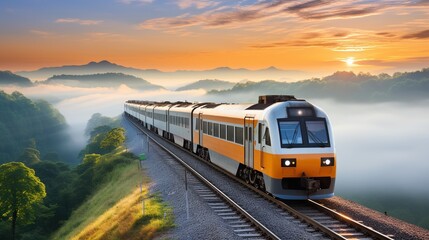 Fototapeta premium The train is crossing the mountain on the railway