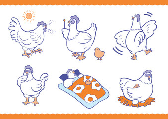 ニワトリの生活イラストセット_2色 © パフボール