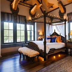 A whimsical fairy tale castle bedroom with a castle-inspired canopy bed, knight armor decor, and fairy lights2