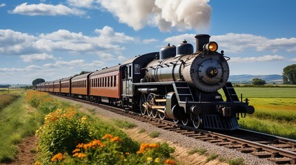 An old steam locomotive in the rural landscape, - obrazy, fototapety, plakaty