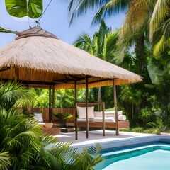 A tropical paradise outdoor lounge with a poolside cabana, lush greenery, and hanging hammocks4