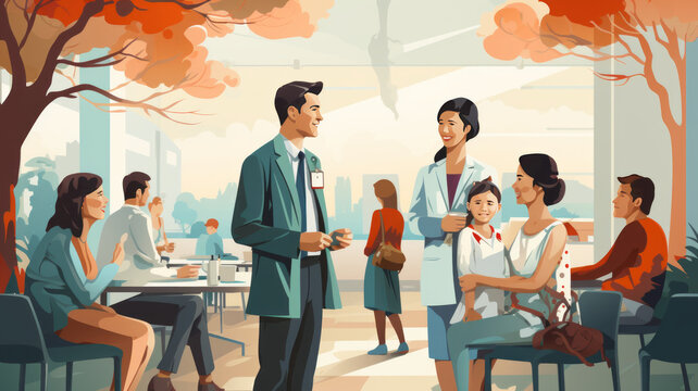 Medical concept with doctor and patients in flat cartoon at hospital hall. Vector illustration