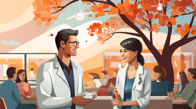 Medical concept with doctor and patients in flat cartoon at hospital hall. Vector illustration