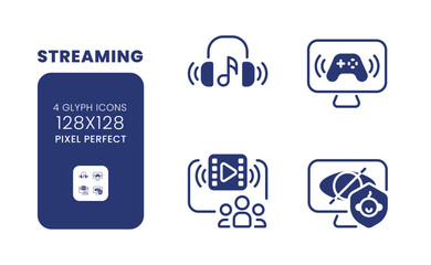 Streaming black solid desktop icons pack. Family-friendly programming. Online entertainment. Pixel perfect 128x128, outline 4px. Symbols on white space. Glyph pictograms. Isolated vector images