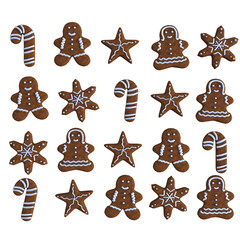 A square matrix of Christmas gingerbread cookies: girl, boy, star, sugarcane and snowflake