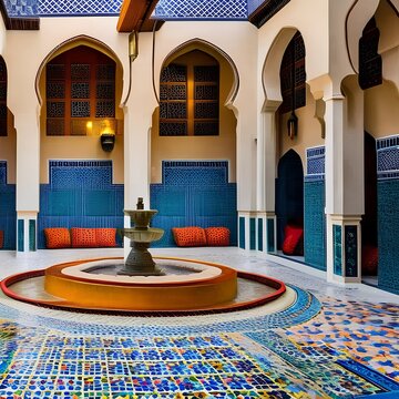 A Moroccan riad-style courtyard with colorful tiles, a central fountain, and intricate lanterns1