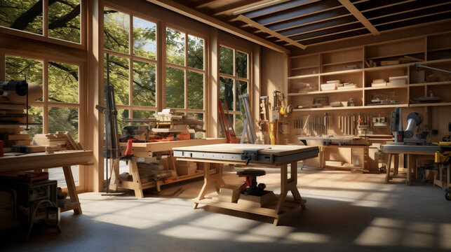 Modern Wood Shop, Work Shop With Tools Hanging on the Wall, A Room By the Window, Well Lit by Natural Light. Generative AI