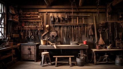 Rustic Wood Shop, Work Shop With Old Rusted Tools Hanging on the Wall, Old Timey Rustic Feel, Generative AI
