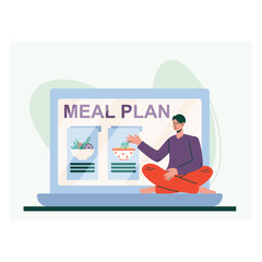 Male sitting on laptop and reading on website about meal plan. Recipe of healthy diet with vegetables. Choose meal plan on web page. Online modern technology. Flat vector illustration in cartoon style