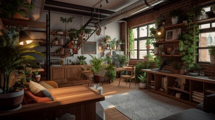 Fototapeta na wymiar Bohemian style cozy capsule apartment interior with brick wall