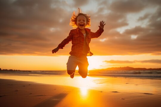 Twilight's Delight: A Child's Laughter Echoing Against the Sunset. Generative AI