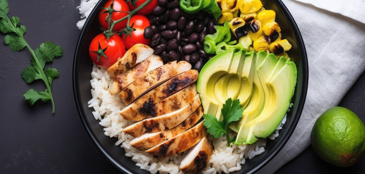 Summer rice bowl with grilled chicken, avocado, cherry tomatoes, and black beans arranged in a ceramic bowl - Generative AI