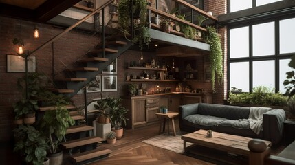 Fototapeta na wymiar Industrial and bohemian style studio apartment interior with wooden details and brick walls