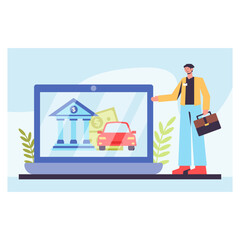 Fototapeta na wymiar Happy business worker with briefcase standing near laptop, and looking at loan service. Car loan service via modern laptop concept. Bank-provided funding for credit and loan. Flat vector illustration