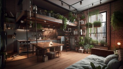 Fototapeta premium Industrial and bohemian style studio apartment interior with wooden details and plants