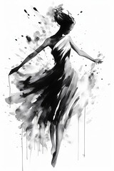 Generative AI, Beautiful dancing woman drawn by black ink or watercolor. Hand paint black and white fashion sketch.