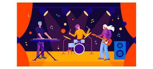 Vibrant musical group performs on stage and playing various instruments for audience. Rock band concert concept. Flat vector illustration in blue and orange colors in cartoon style
