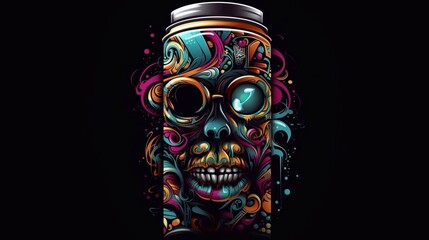 Colorful graffiti of spray can with angry scull  face on black background. Logo illustration with ai generation