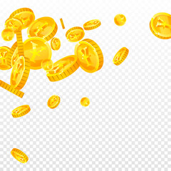 Japanese yen coins falling. Scattered gold JPY