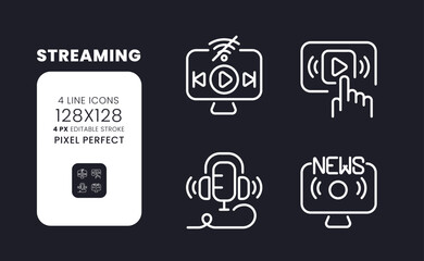 Streaming white linear desktop icons on black. Multimedia content. Online entertainment. Pixel perfect 128x128, outline 4px. Isolated interface symbols pack for dark mode. Editable stroke