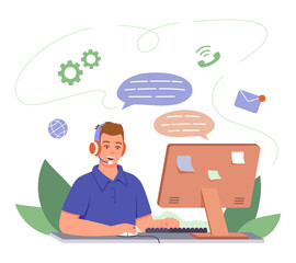 Man sitting at computer in headphones and answer on client questions. Client support department. Work of call center operator from home office. Flat vector illustration in cartoon style