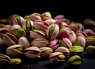 Obraz na płótnie Canvas Pistachios on a black background with leaf and leaf, in the style of light pink and light green