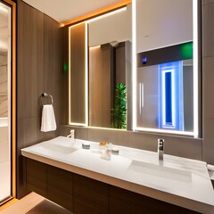 A high-tech smart bathroom with voice-activated mirrors, self-cleaning toilets, and color-changing LED faucets4