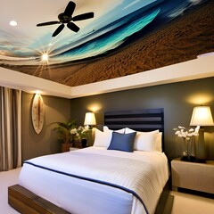 A tropical beach-themed bedroom with a sandy-colored palette, surfboard decor, and palm tree murals4