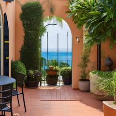 Fototapeta na wymiar A Mediterranean-style terrace with terracotta flooring, wrought iron furniture, and citrus trees4