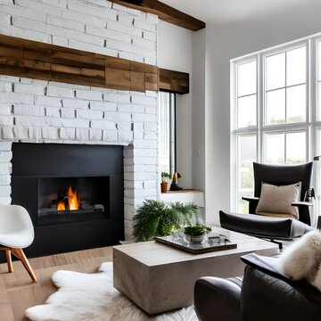 Fototapeta A Scandinavian-inspired living room with a white brick fireplace, sheepskin throws, and floor-to-ceiling windows3