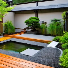 A tranquil Zen garden courtyard with a koi pond, bamboo fence, and stepping stone pathway2 - obrazy, fototapety, plakaty