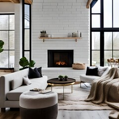 A Scandinavian-inspired living room with a white brick fireplace, sheepskin throws, and floor-to-ceiling windows1
