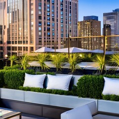 A contemporary urban rooftop garden with modern outdoor furniture, potted plants, and a city skyline view5