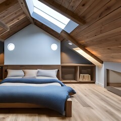 A cozy attic bedroom with sloped ceilings, skylights, and a built-in reading nook4