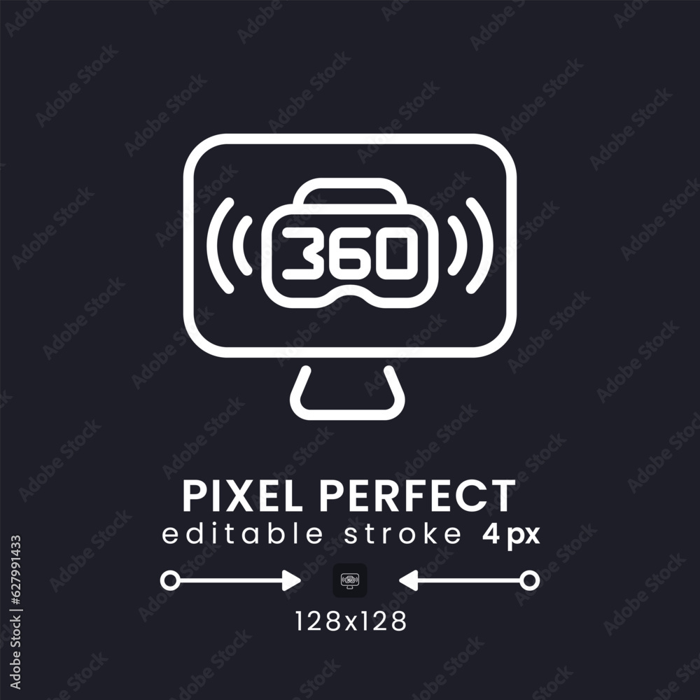 Poster vr live streaming white linear desktop icon on black. virtual reality. interactive content. pixel pe