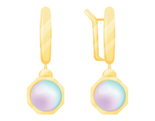 WebGold women expensive earrings with precious stones pearls. Vector isolated cartoon precious jewelry or bijouterie.
