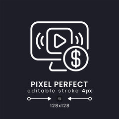 Streaming subscription plans white linear desktop icon on black. Premium content. Ad-free viewing. Pixel perfect 128x128, outline 4px. Isolated user interface symbol for dark theme. Editable stroke
