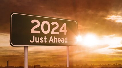 Green road signboard with a text of 2024 just ahead at sunrise - Powered by Adobe