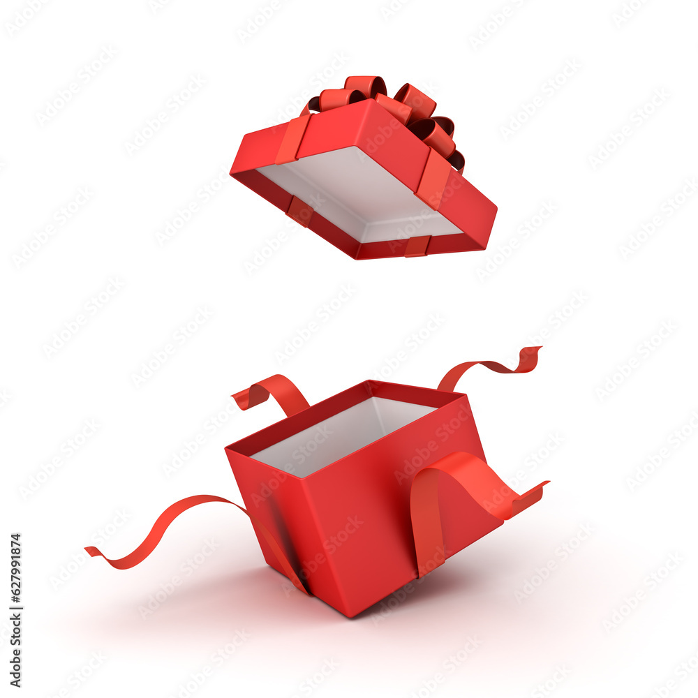 Fototapete Open red gift box or red present box with red ribbons and bow isolated on white background with shadow 3D rendering