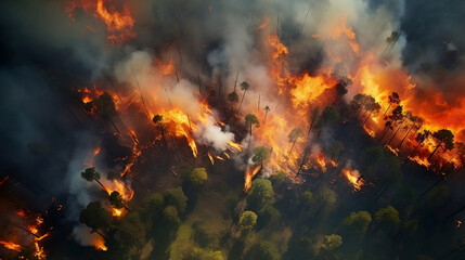 Forest fire in the mountains. Aerial drone top view. Fire with smoke from the height of a bird flight. Natural disaster. Generative AI.