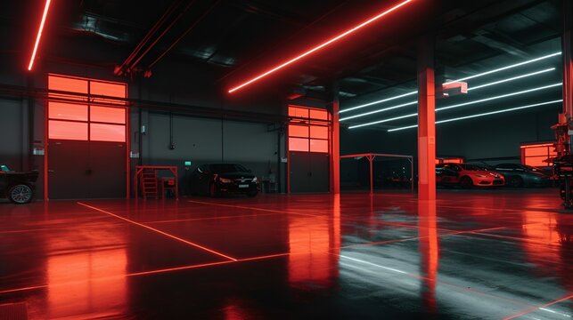 A Very Wide Garage, With Red Lights With Small Neon Lights, A Zoom Meeting Background ImageBy Generative AI