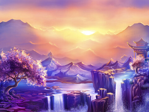 Illustration of a mountain dawn landscape with sakura blossoms