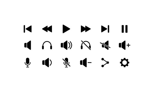 Sound icons. Silhouette, black, play button, forward, backward, sound recording. Vector icons