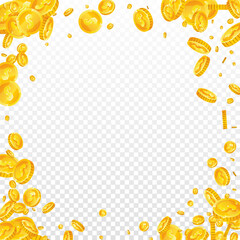 American dollar coins falling. Scattered gold USD