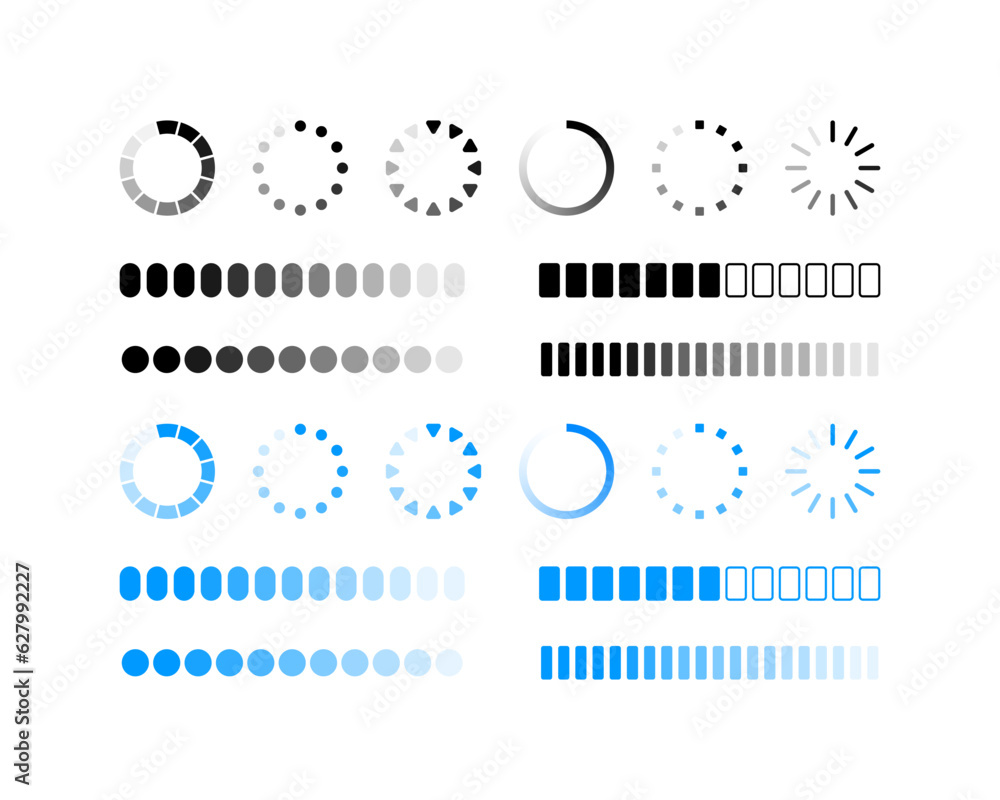 Poster loading icons. different styles, color. round loading, linear loading. vector illustration